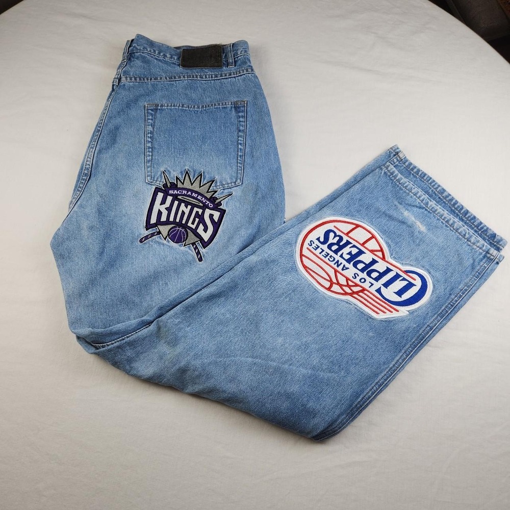 NBA UNK Mens Blue Denim Baggy Jeans Embroidered AOP Team Logos Size 38 Y2K